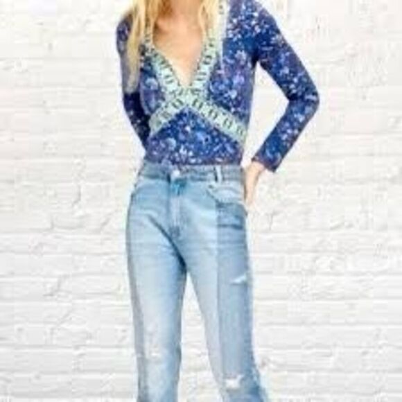 Free People Intimately Blue No Where To Be Floral Long Sleeve Bodysuit Size XS - Picture 1 of 7